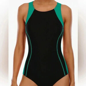 Elegant Black and Green One-Piece Swimsuit